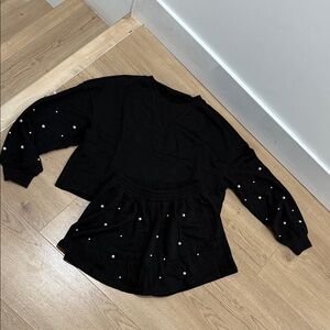 Black Long Sleeve sweatshirt and Skort Set with Pearl Accents
